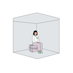 Woman sitting on suitcase in minimalist cube space  