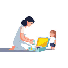 Mother packing suitcase while child watches in a bright room  