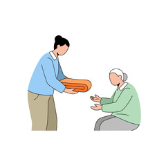 Young woman giving blanket to elderly woman sitting indoors  