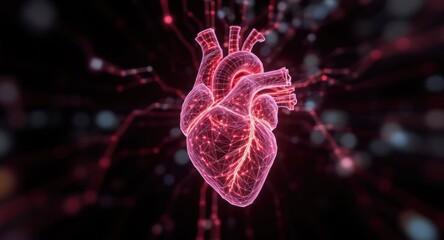 Futuristic rendering of a human heart with illuminated red network overlaid on a dark background
