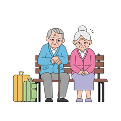 Elderly couple sitting on bench looking sad with luggage nearby  