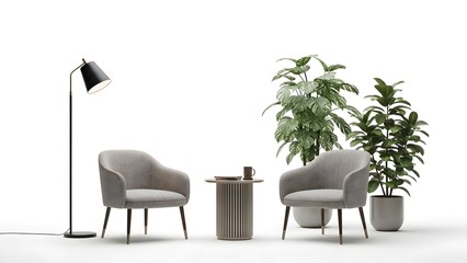 Two gray armchairs with a side table and floor lamp in a minimalist interior