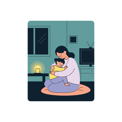 Mother hugging child while sitting on floor in cozy living room  