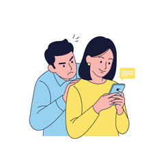 Man peering over woman's shoulder while she texts on smartphone  