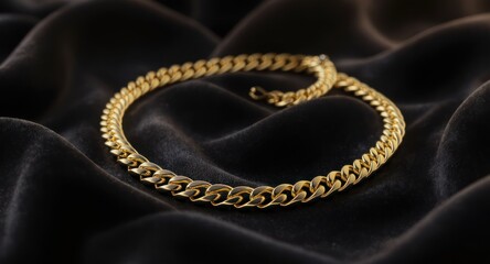 Golden curb chain necklace rests on dark, draped fabric, showcasing luxury and elegance