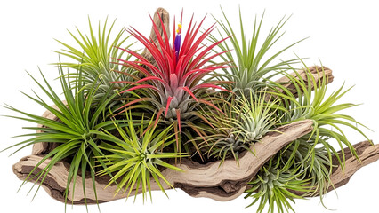 Fototapeta premium Colorful air plants on driftwood, isolated on transparent background