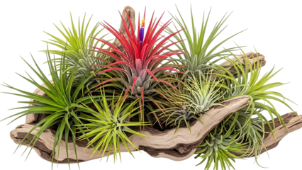 Colorful air plants on driftwood, isolated on transparent background