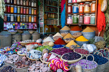 souvenirs and spices on the Jamaa el Fna market in old Medina, Marrakesh, Morocco