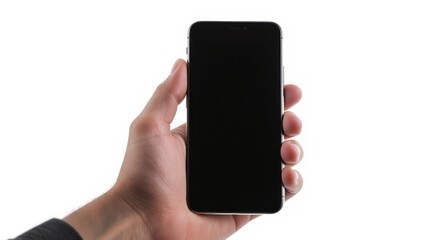 Hand holding a black touchscreen phone against a white background, screen off