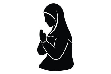 Black silhouette of a woman wearing a hijab praying with hands clasped in front of her face in a respectful and contemplative pose on white background