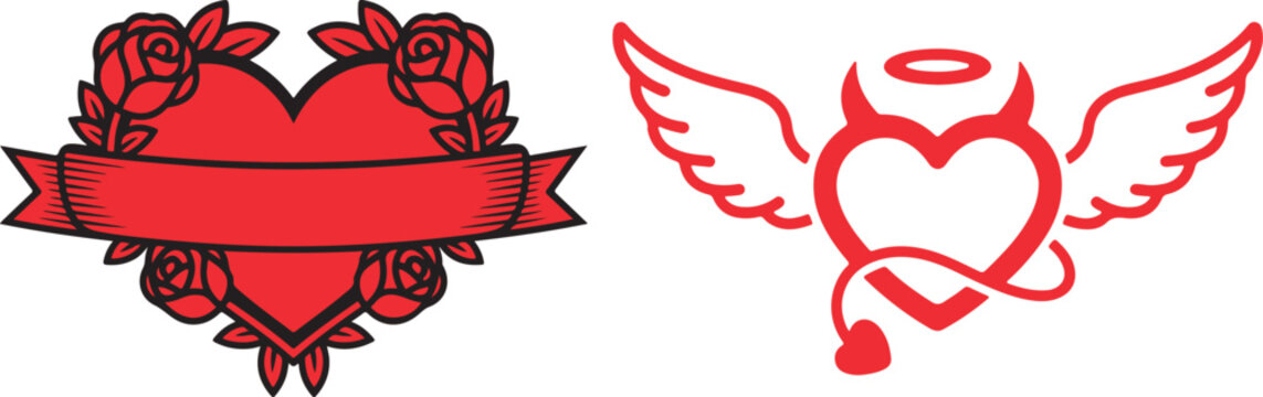 Two vibrant red heart symbols with contrasting designs on a clean white background