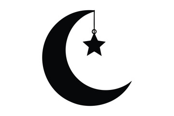 A black crescent moon with a star hanging from it on a white background for ramadan or islamic celebrations with graphic