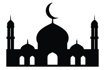 A serene silhouette of a mosque with a crescent moon on top against a white background representing islamic architecture and culture