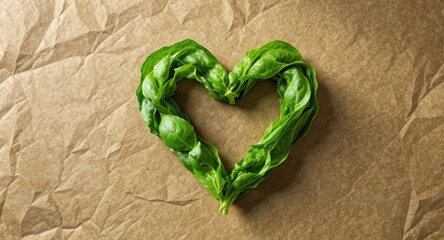 Heart shape crafted from vibrant green basil leaves set on textured brown paper
