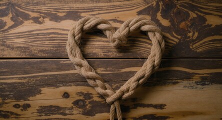Heart shape formed from rope on a rustic wood background, warm tones