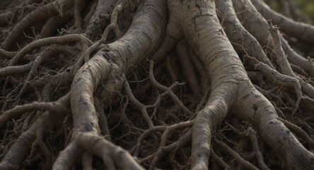 Intertwined, exposed roots of a large tree, forming a complex, textured network