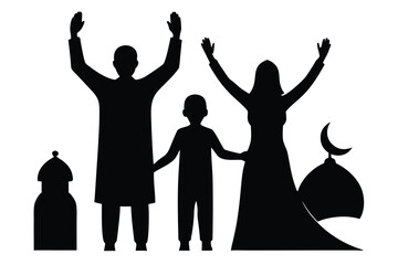 A family in silhouette celebrating with hands raised in a religious or cultural setting with mosque domes with celebration