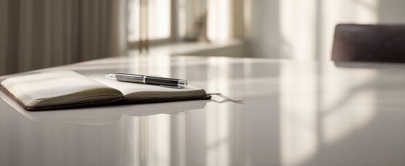 Serene workspace with open notebook and pen reflecting sunlit windows,Write Your Story Day
