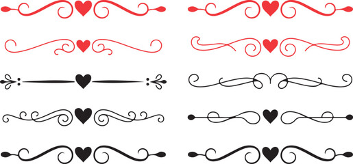Fototapeta premium Elegant collection of decorative heart shaped page dividers and swirling ornamental lines for design