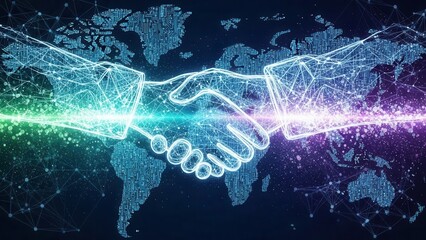 Global technology business collaboration with abstract handshake and particle network
