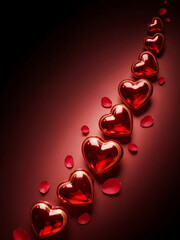 Red hearts and rose petals arranged on dark background  