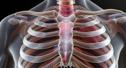 Medical rendering of a human torso showing skeletal structure with an illuminated heart