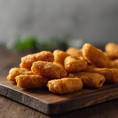 Fototapeta premium Crispy Golden Chicken Nuggets on Wooden Board with Dark Background