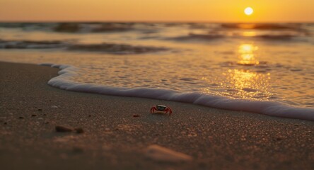 Miniature crab on sandy beach at sunset, waves gently lapping shore with warm glow