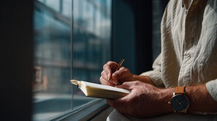 Person writing in journal by window, capturing ideas and thoughts in natural light,Write Your Story Day