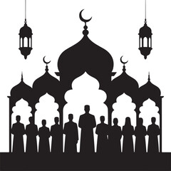 Silhouettes of people praying in front of a beautifully detailed mosque with hanging lanterns during a religious gathering