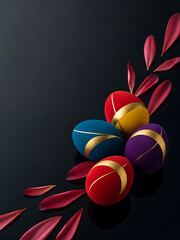 Colorful decorated Easter eggs on dark background with petals  