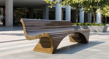Outdoor wooden bench with a curved, flowing design. Placed on paved ground, trees in background