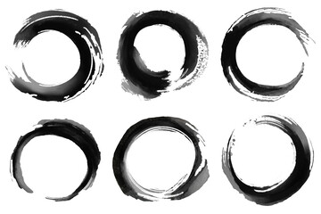 Set of hand-painted black ink Enso circles. Abstract Japanese zen symbols with grunge brush stroke texture. Minimalist oriental calligraphy elements transparent background. illustration.