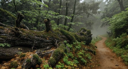 Misty forest scene with a fallen log, moss, path leading into the distance