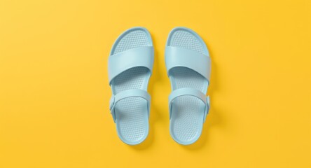 Overhead shot of light blue sandals, arranged on a vibrant yellow background