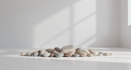 Pile of smooth, rounded stones casting shadows in a sunlit white space