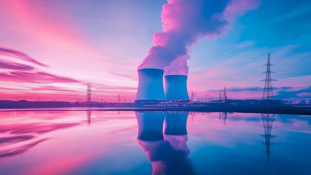Power plant cooling towers release atmospheric vapor into radiant gradient sky of fuchsia and azure, perfectly mirrored on serene water surface.
