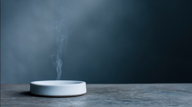Traditional unglazed ceramic burner on stone, thin incense smoke creating a serene and contemplative mood. event programs, cultural heritage publications.