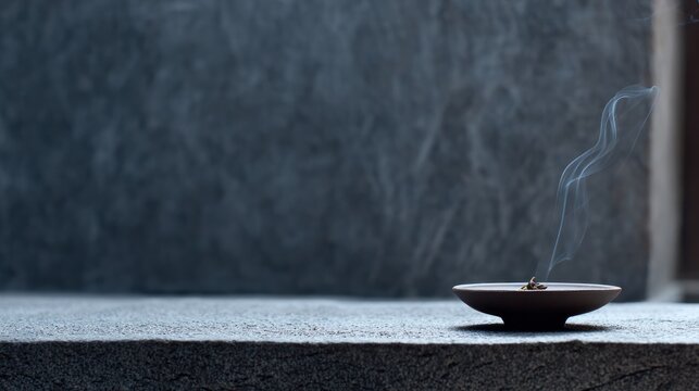 Minimal unglazed incense burner with soft smoke rising, ceramic texture against a calm stone background. museum guides, cultural event programs.