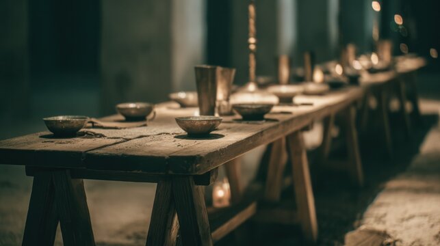A long wooden refectory table set with simple tableware in an ancient monastery. event programs, museum guides, designed for cultural heritage projects and event programs.