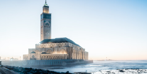 scenic view of the Hassan II Mosque, located on the coast of the Atlantic Ocean in Casablanca, Morocco