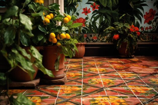 Lush potted plants decorating a vibrant sunroom with decorative floor tiles and mural