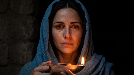 Portrait of biblical Mary Magdalene crying and holding a lit oil lamp. Sad woman with tear on cheek wearing ancient blue headscarf. Religious concept of faith, repentance and mourning.