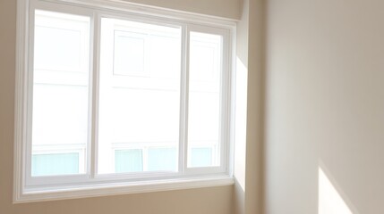 Fototapeta premium Modern white PVC window installed in a residential room, allowing natural daylight to fill the neutral interior space. real-estate listings.