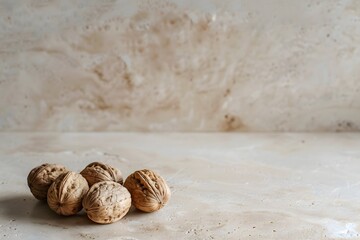 Minimal Still Life of Walnuts on Warm Beige Stone Background