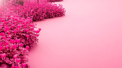 Vibrant pink flowers and foliage creating a striking border alongside a smooth, bright pink surface, evoking a dreamlike garden scene.