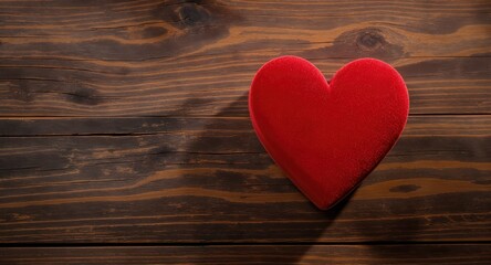 Red plush heart on aged, textured wooden surface, evoking love, affection, and Valentine's Day
