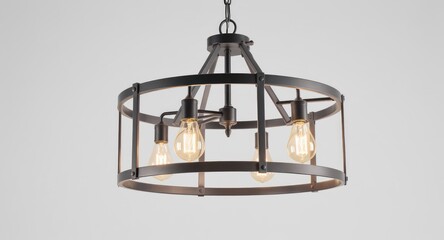 Round metal chandelier with visible bulbs hangs against a plain white background