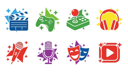 Set of colorful entertainment icons for multimedia technology and gaming