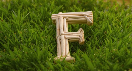 Rustic letter "F" crafted from small wooden sticks, resting on a bed of vibrant green grass